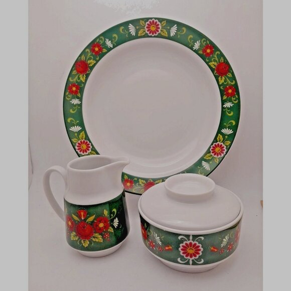 Winterling Bavaria Other - Winterling Bavaria Green Red Floral Creamer Sugar Bowl w/ Lid & Serving Bowl